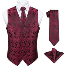 Herren Weste Krawatte Einstecktuch Set Bordeaux Rot Paisley Jacquard