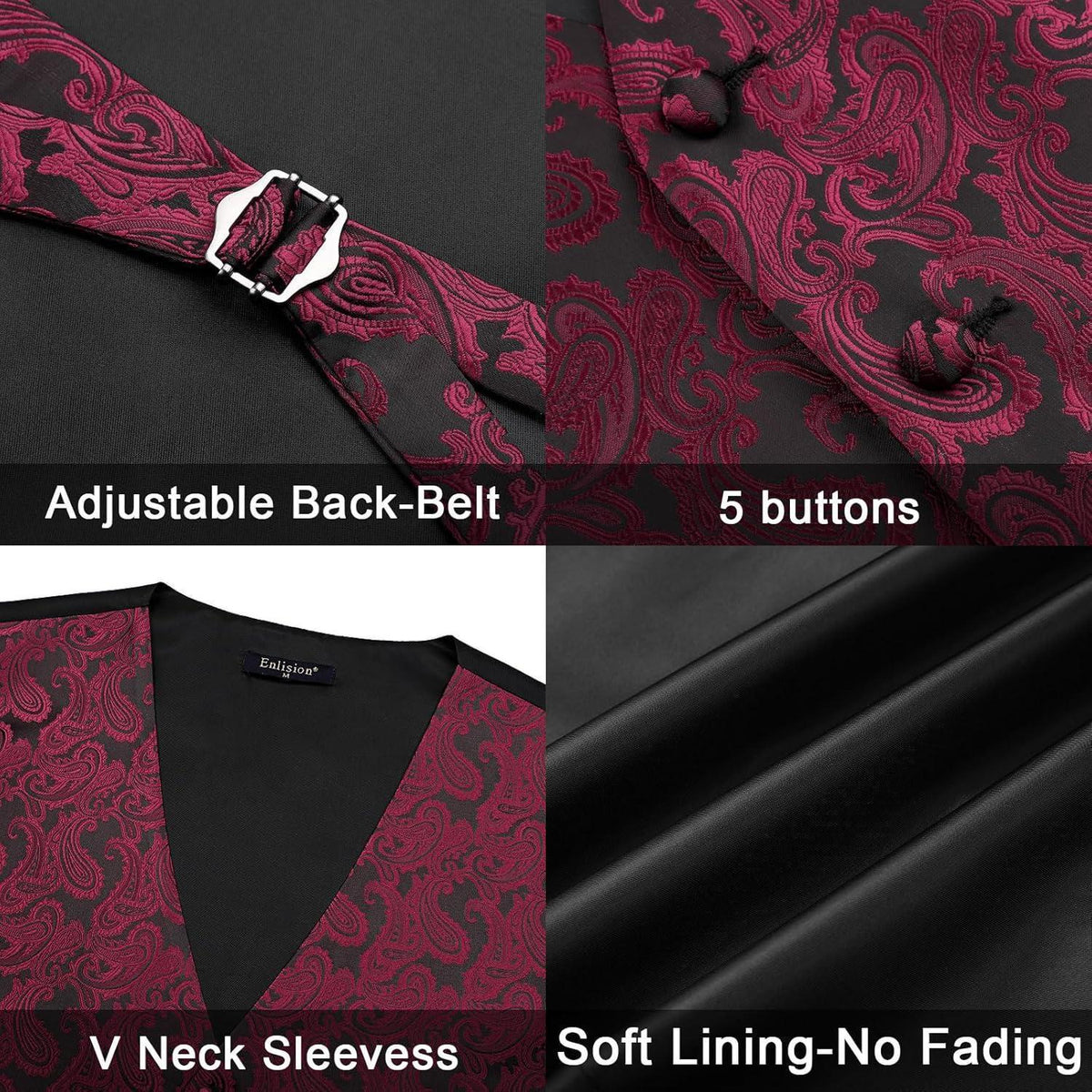 Herren Weste Krawatte Einstecktuch Set Bordeaux Rot Paisley Jacquard
