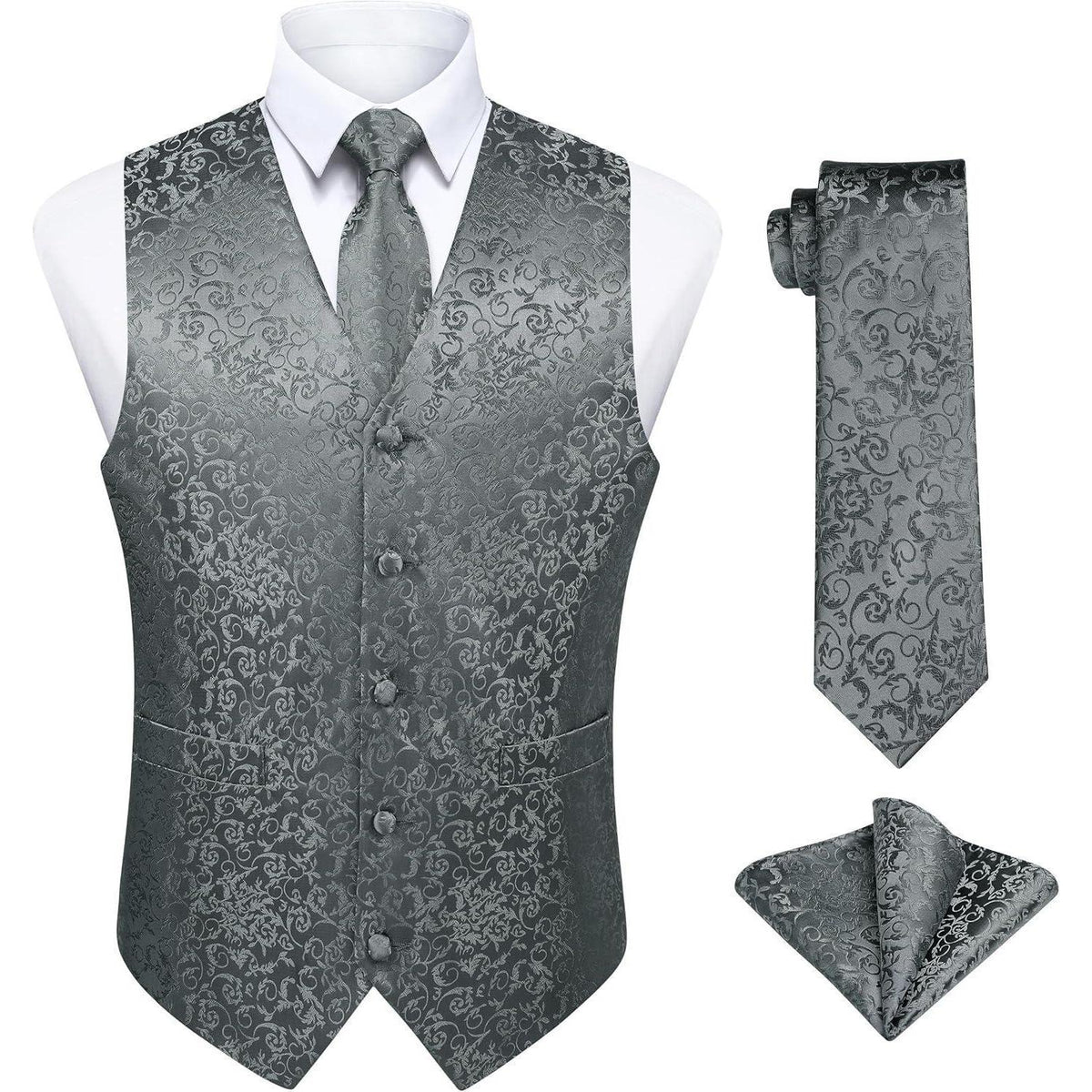 Herren Weste Krawatte Einstecktuch Set Paisley Jacquard Grau