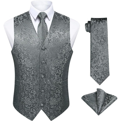 Herren Weste Krawatte Einstecktuch Set Paisley Jacquard Grau