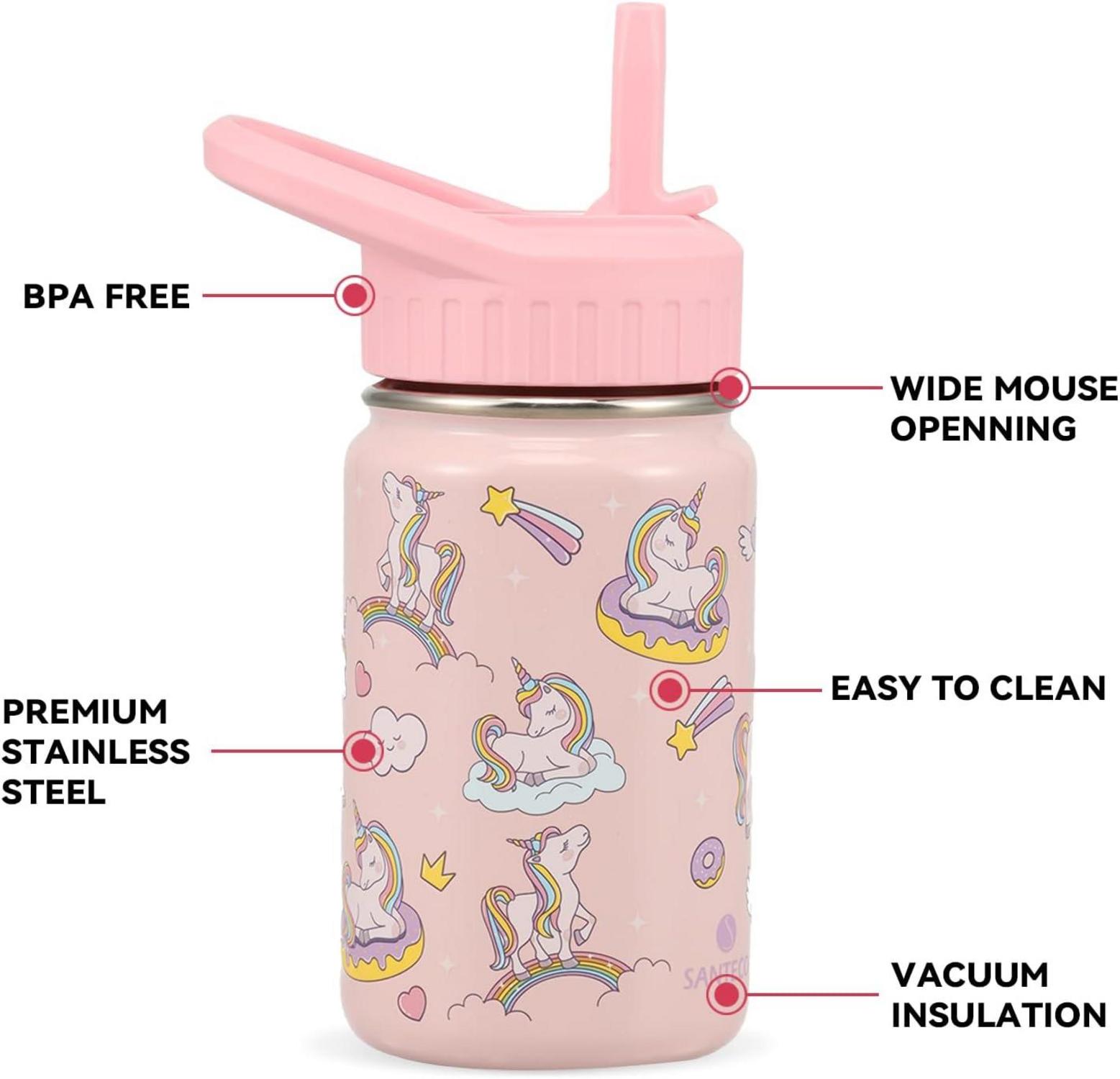 SANTECO Kinder Trinkflasche Edelstahl 350ml Auslaufsicher Einhorn Thermo