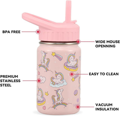 SANTECO Kinder Trinkflasche Edelstahl 350ml Auslaufsicher Einhorn Thermo