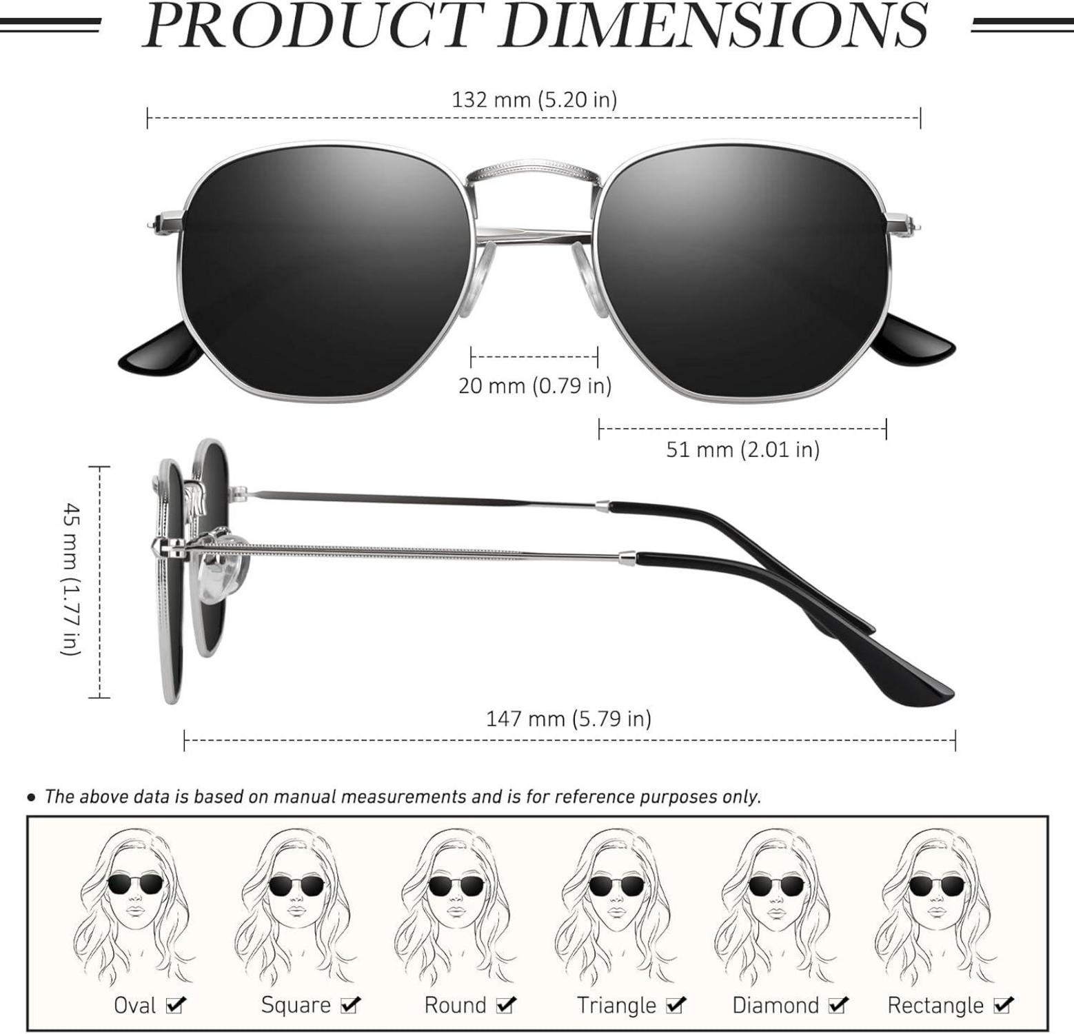 Sunier Polarisierte Sechseck Sonnenbrille Damen Herren UV400 Metallrahmen