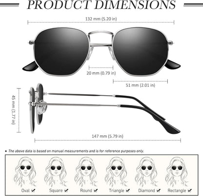 Sunier Polarisierte Sechseck Sonnenbrille Damen Herren UV400 Metallrahmen
