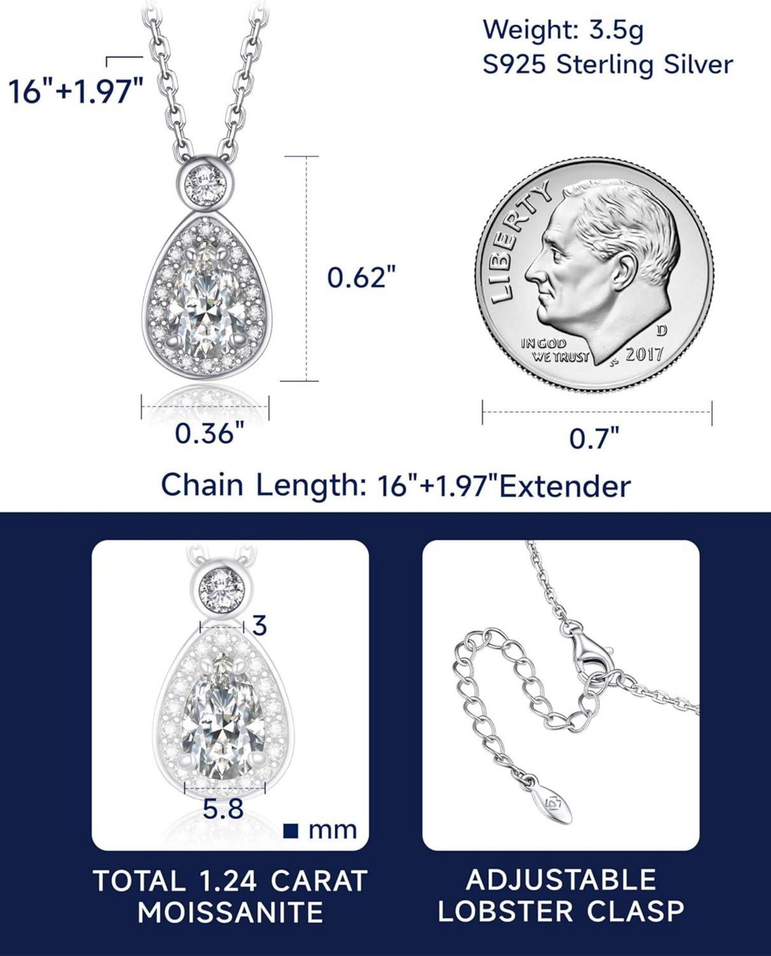 Silberkette Damen 925 mit Moissanite Anhänger 1 Karat Tropfen