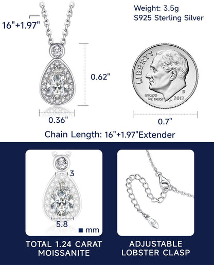 Silberkette Damen 925 mit Moissanite Anhänger 1 Karat Tropfen