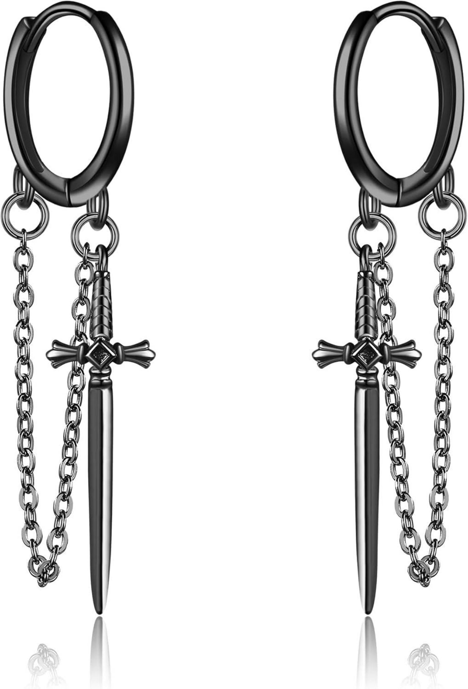 Schwarze Schwert Ohrringe Sterling Silber Gothic Quasten Geschenkbox