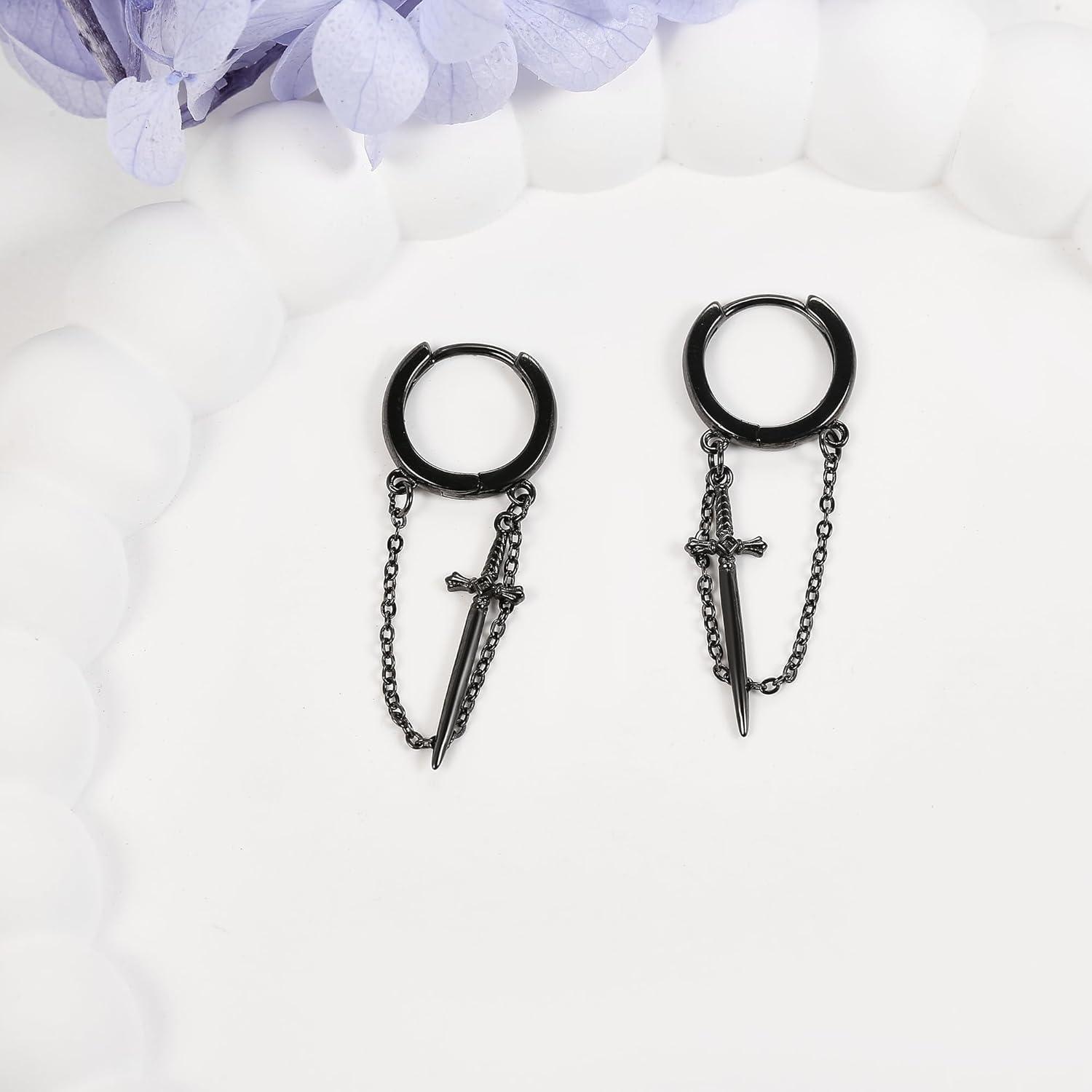 Schwarze Schwert Ohrringe Sterling Silber Gothic Quasten Geschenkbox