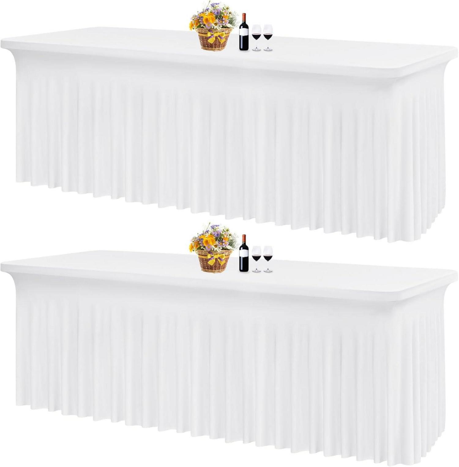 2er Pack weißer Stretch-Tischrock für 2,4m rechteckige Tische
