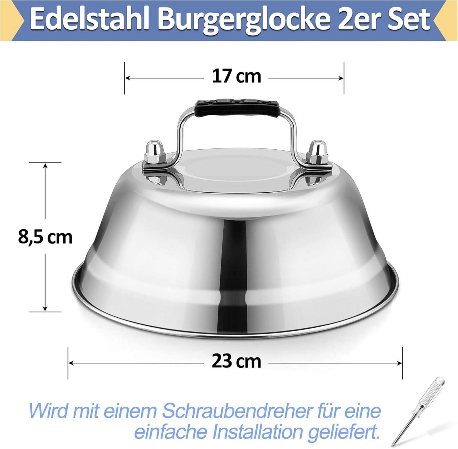 Edelstahl Burgerglocke mit Gummigriff, Grill Haube 23 x 8,5