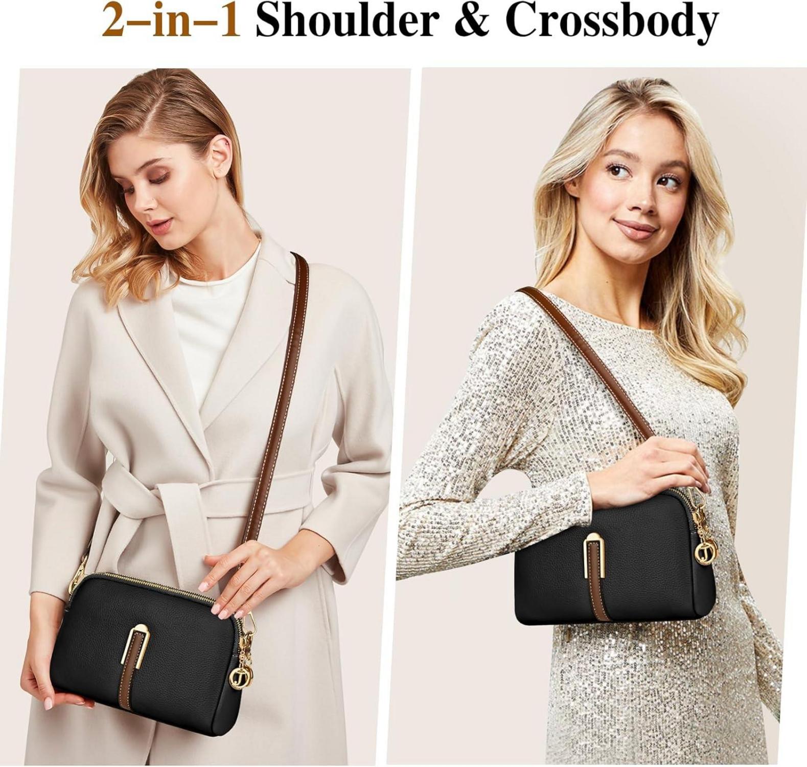 TEUEN Damen Umhängetasche Schwarz Leder Crossbody Handtasche