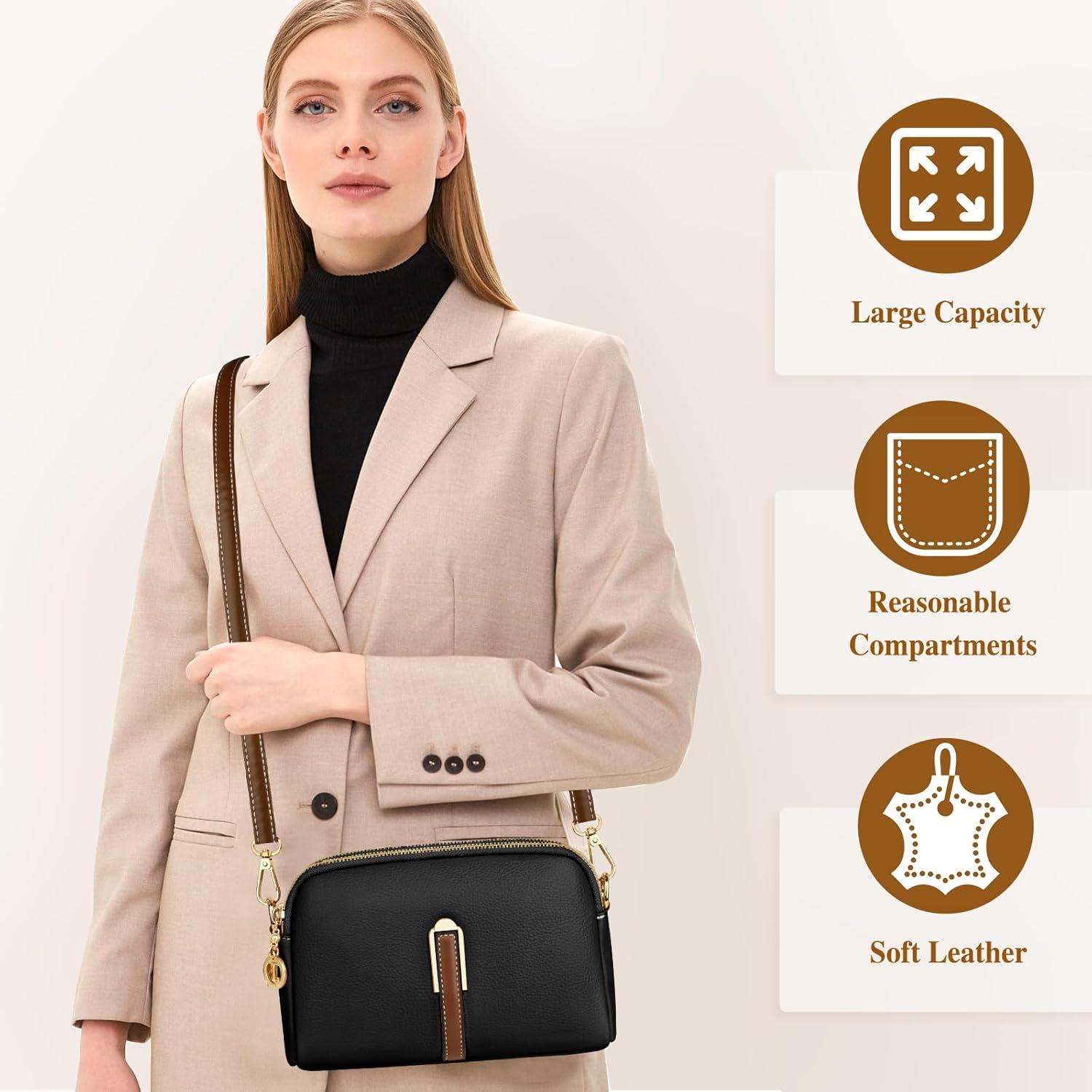 TEUEN Kleine Damen Umhängetasche Crossbody Leder Schultertasche Schwarz