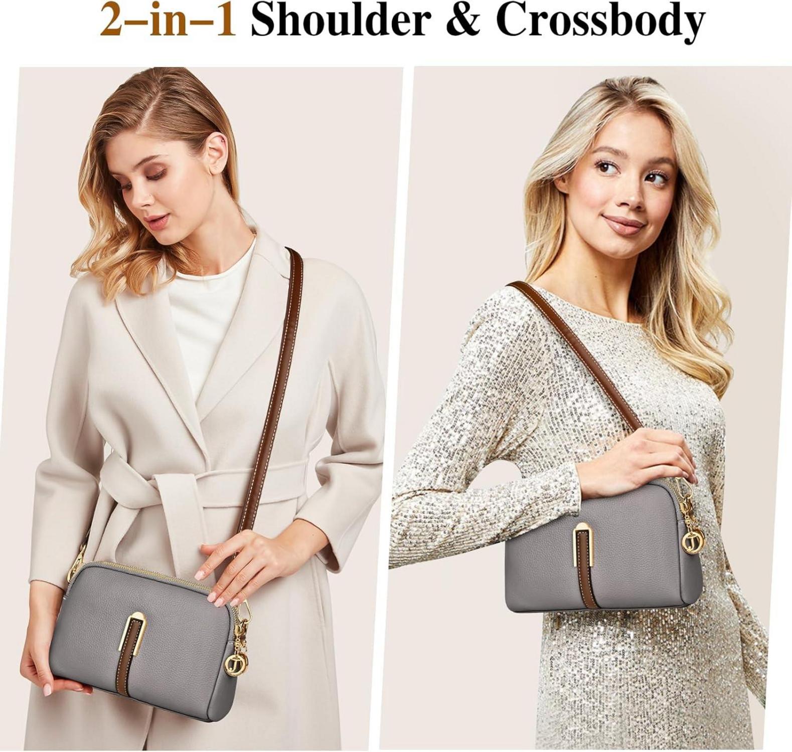 TEUEN Umhängetasche Damen Leder Crossbody Schultertasche Reißverschluss Grau