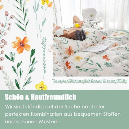 Blumen Bettwäsche 135x200 Baumwolle Reißverschluss Kissenbezug -Grün