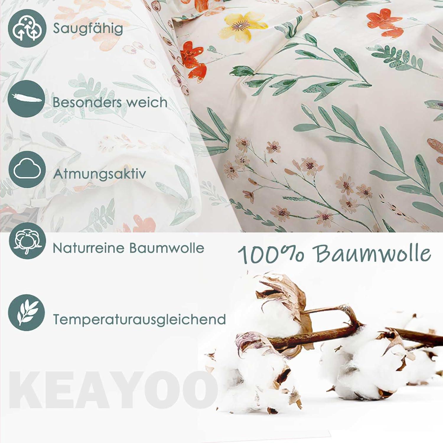 Blumen Bettwäsche 135x200 weiß-grün Baumwolle Reißverschluss