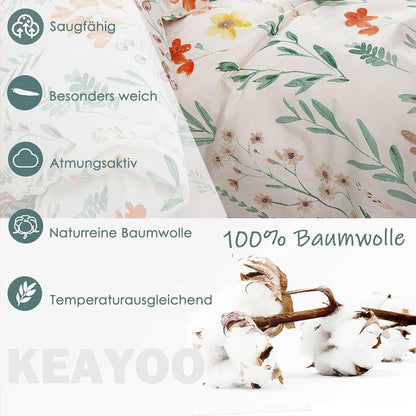 Blumen Bettwäsche 135x200 weiß-grün Baumwolle Reißverschluss