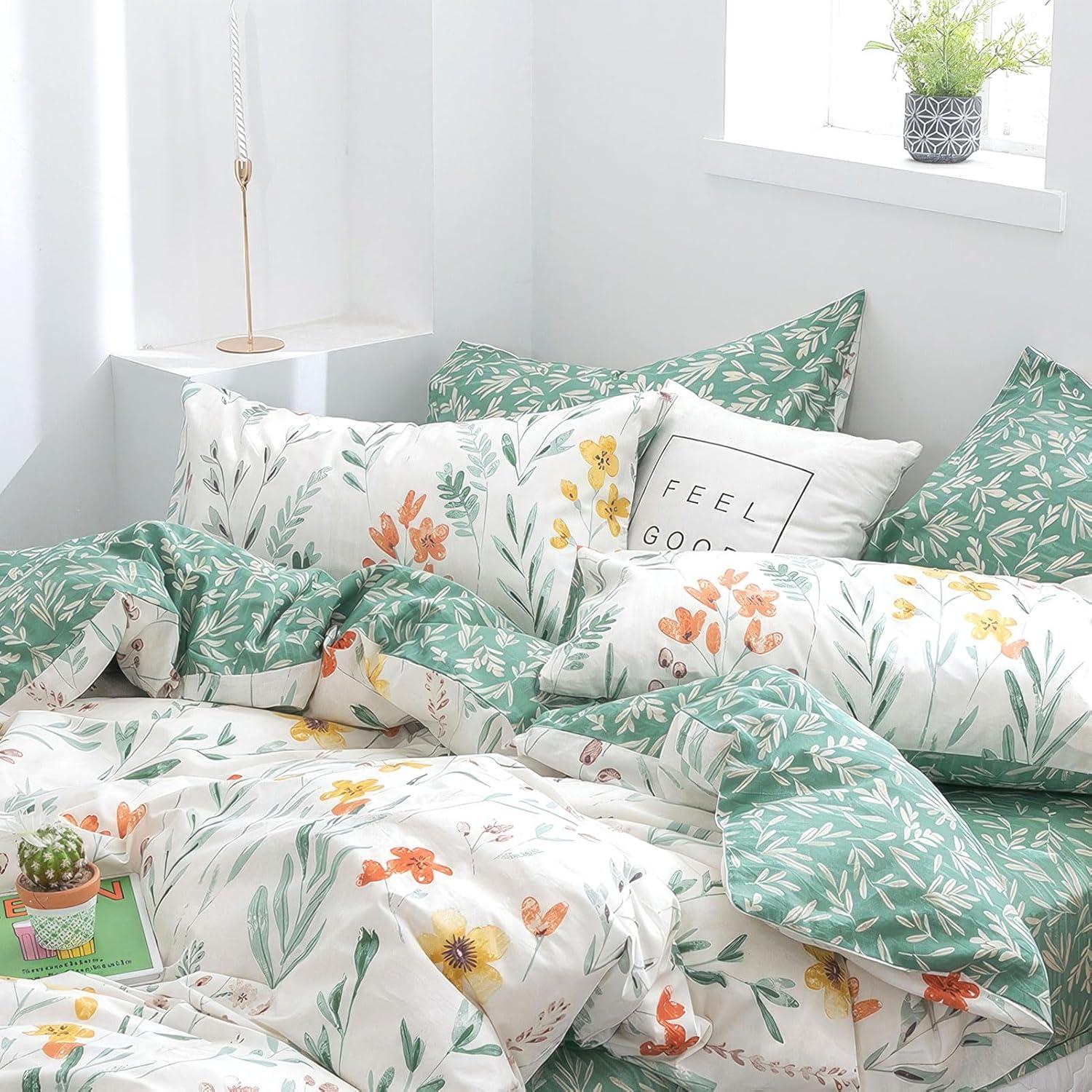 Bettwäsche mit Blumenmuster 100% Baumwolle 135x200cm Reißverschluss 4tlg Grün