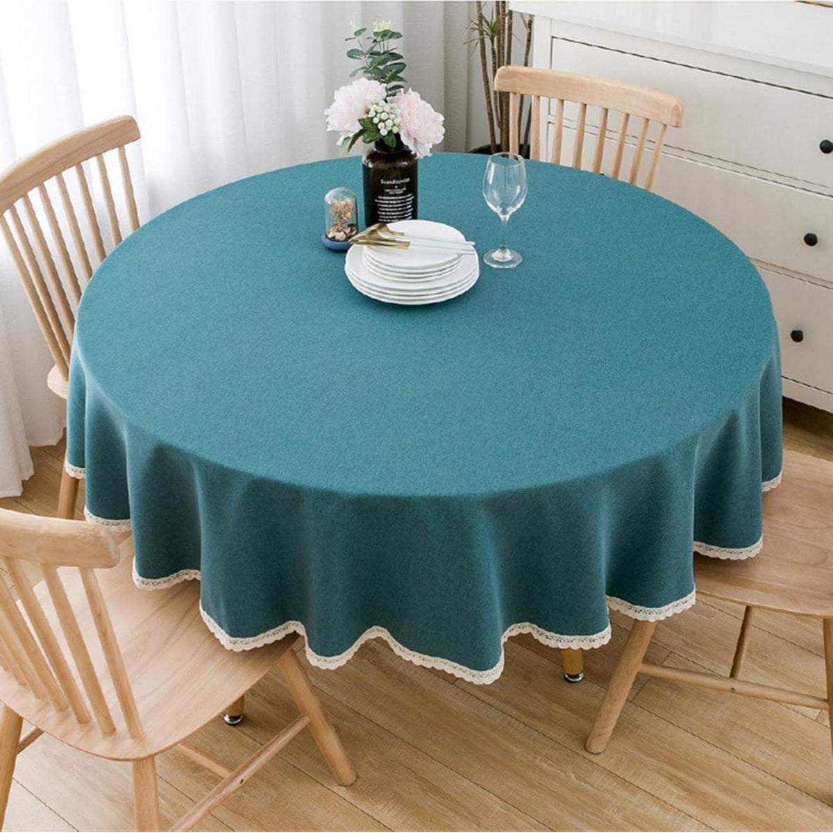 Runde Baumwollleinen Tischdecke Pfauenblau 280 cm
