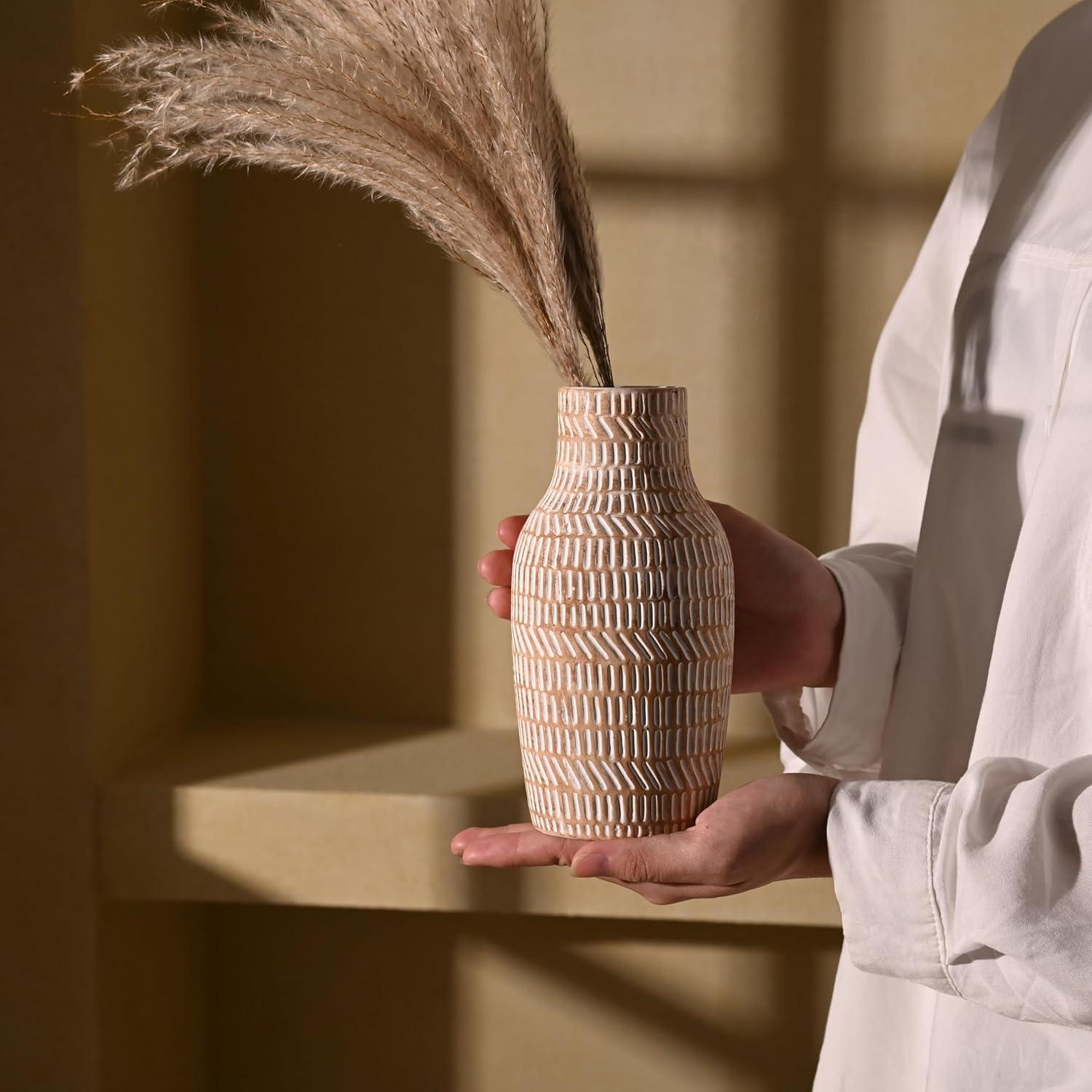 Rustikale Beige Keramikvase für Blumen, Deko Vase 20cm