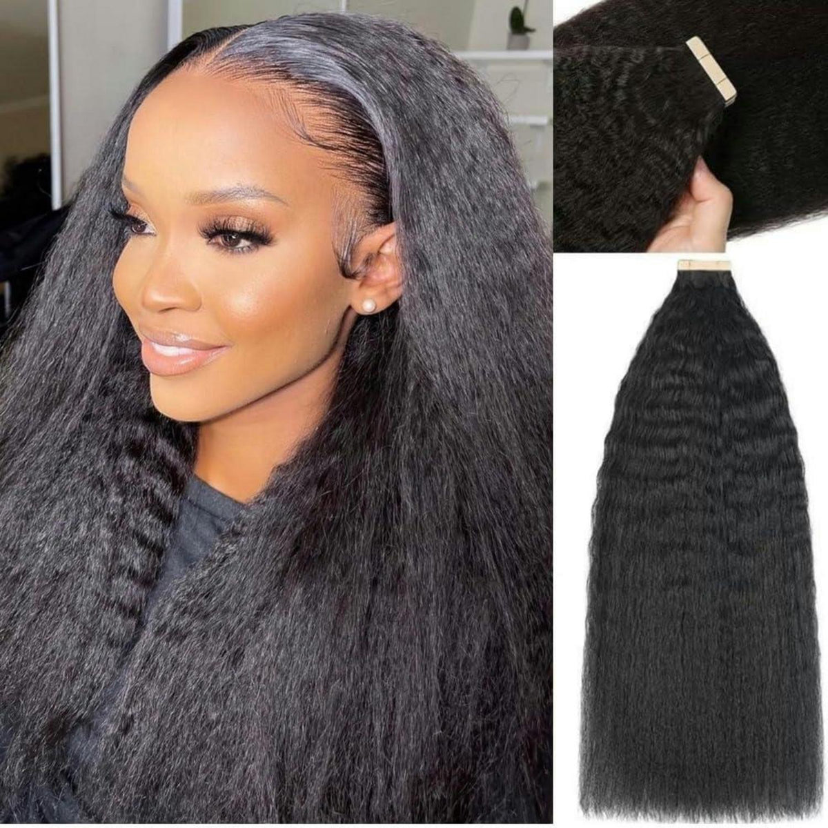 Echthaar Tape Extensions Schwarz Kinky Straight 14 Zoll