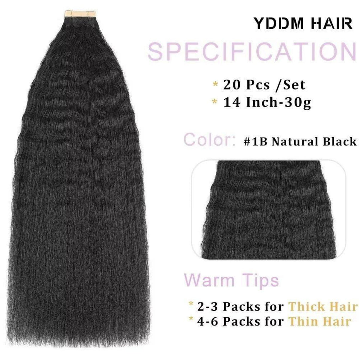 Echthaar Tape Extensions Schwarz Kinky Straight 14 Zoll
