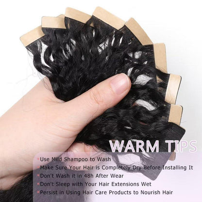 Echthaar Tape Extensions Schwarz Kinky Straight 14 Zoll