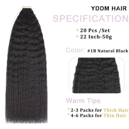 Echthaar Tape Extensions Schwarz Kinky Straight 22 Zoll