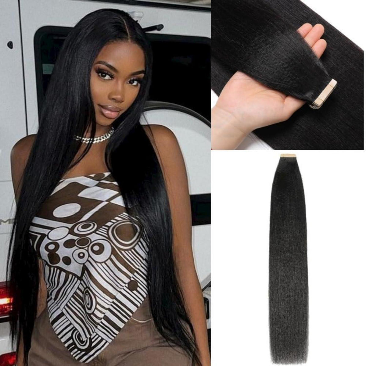 Echthaar Tape Extensions Schwarz 26 Zoll (50g)