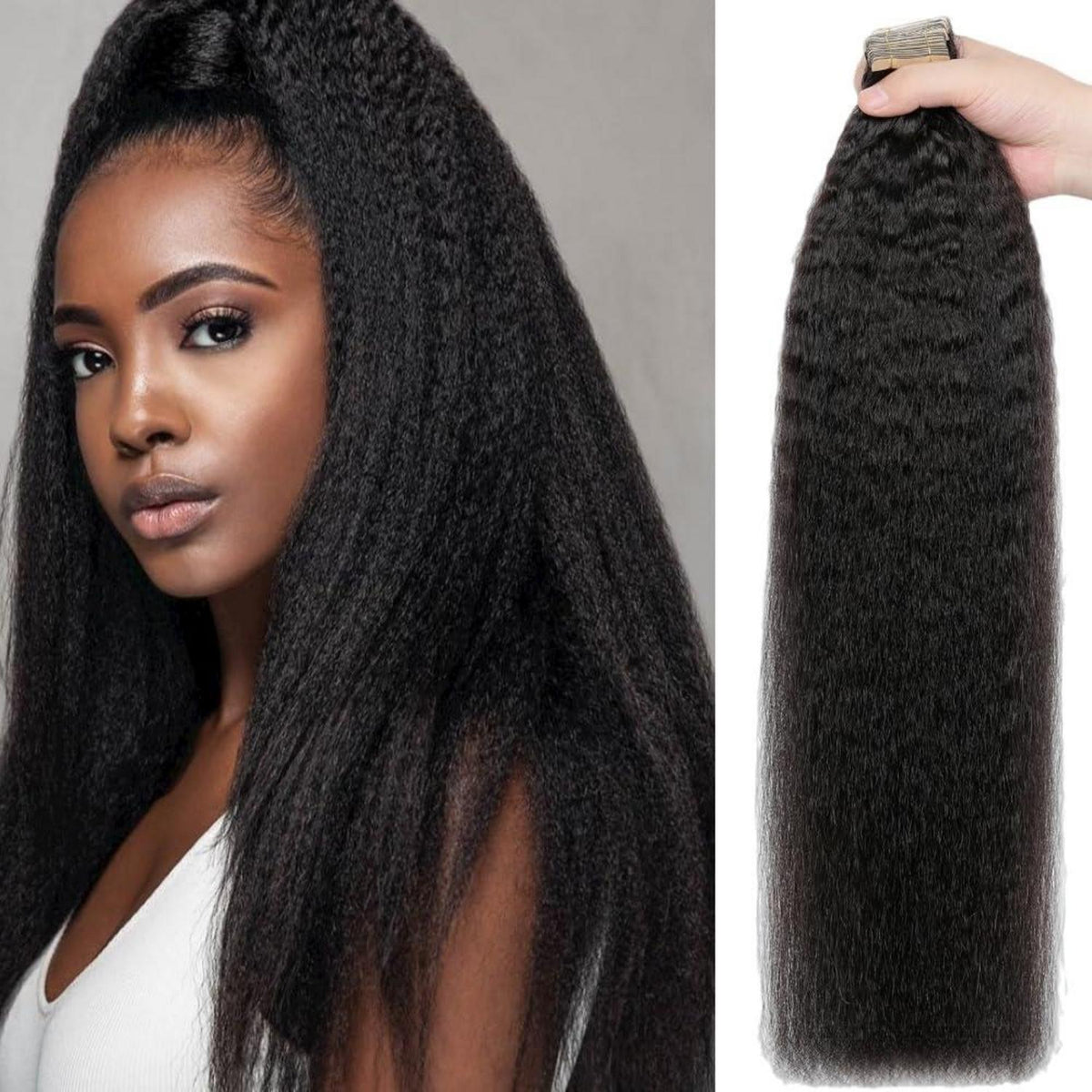 Echthaar Tape Extensions Schwarz Kinky Straight 26 Zoll 100g
