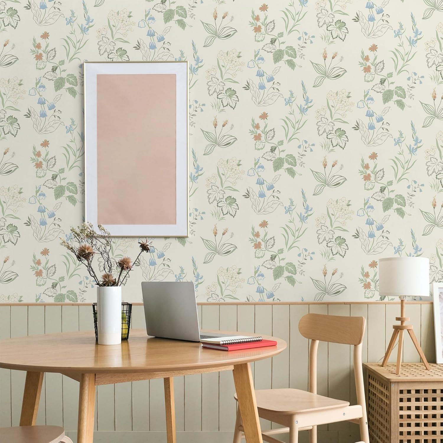 Selbstklebende Blumentapete Beige Grün Orange 39×300cm Wandverkleidung