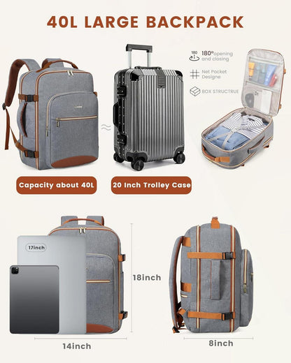 Handgepäck Rucksack 40L Reiserucksack Damen 17 Zoll Laptop Dunkelgrau