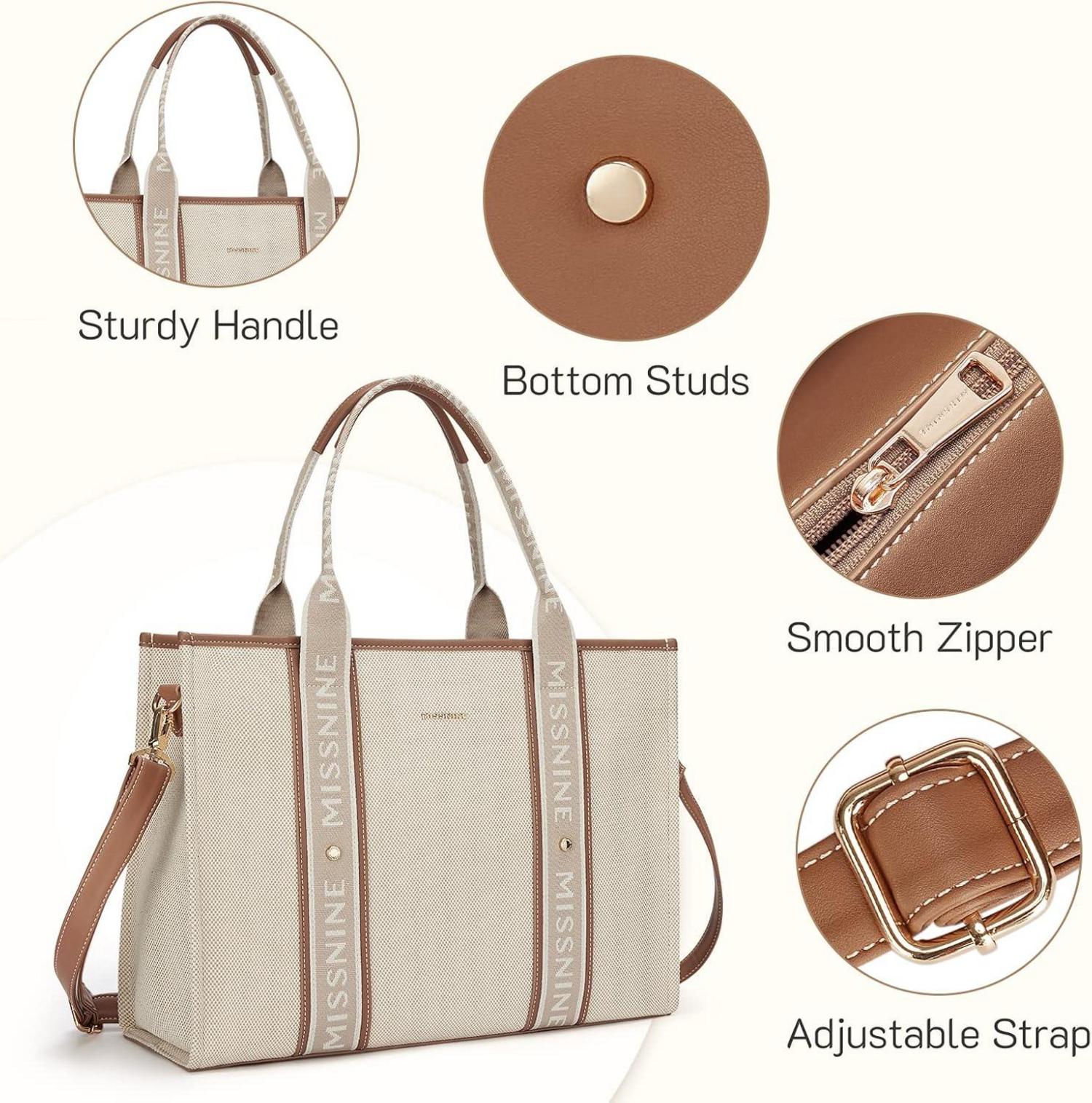 Tragetasche Canvas-Laptoptasche 15,6 Zoll Damen Handtasche Braun Beige