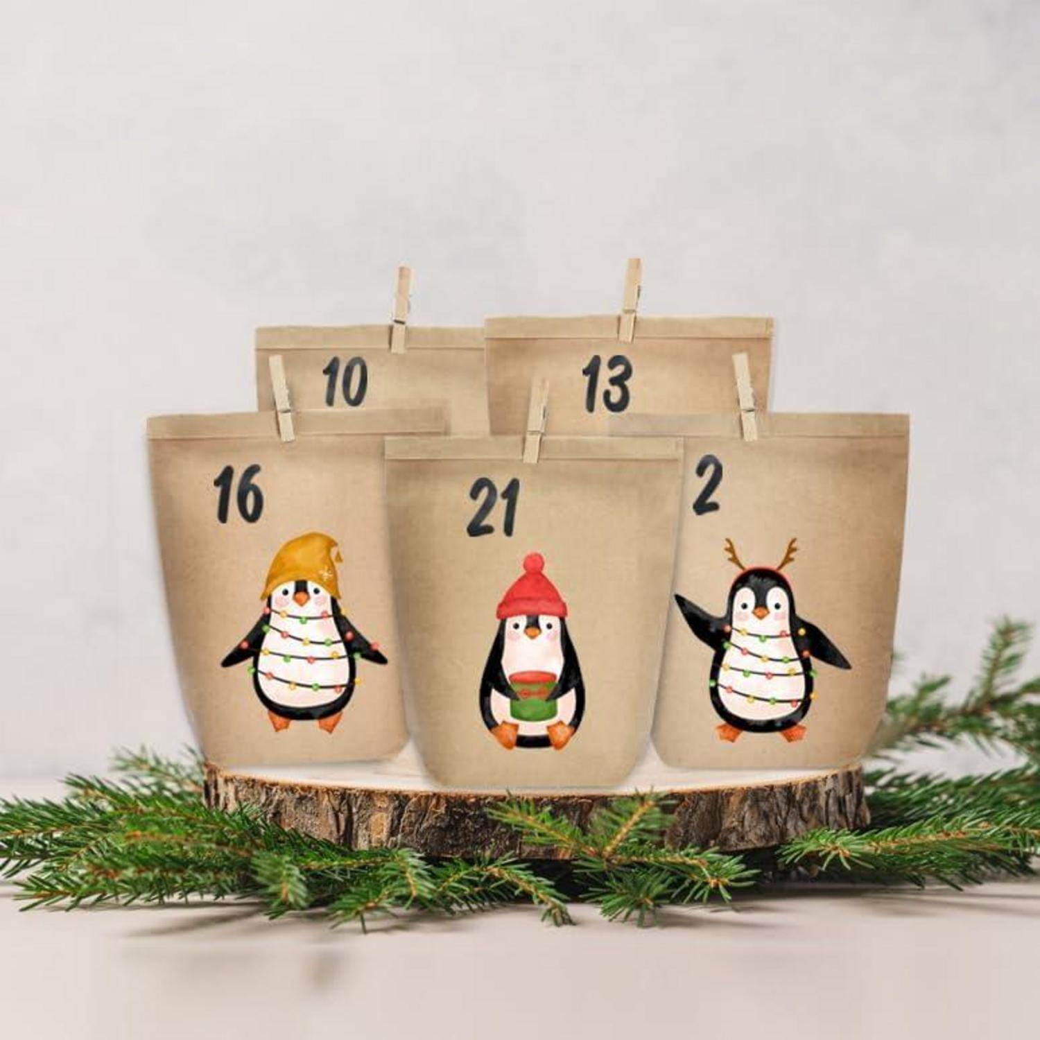 Adventskalender zum Befüllen Kraftpapiertüten Pinguin Braun - 24er Set