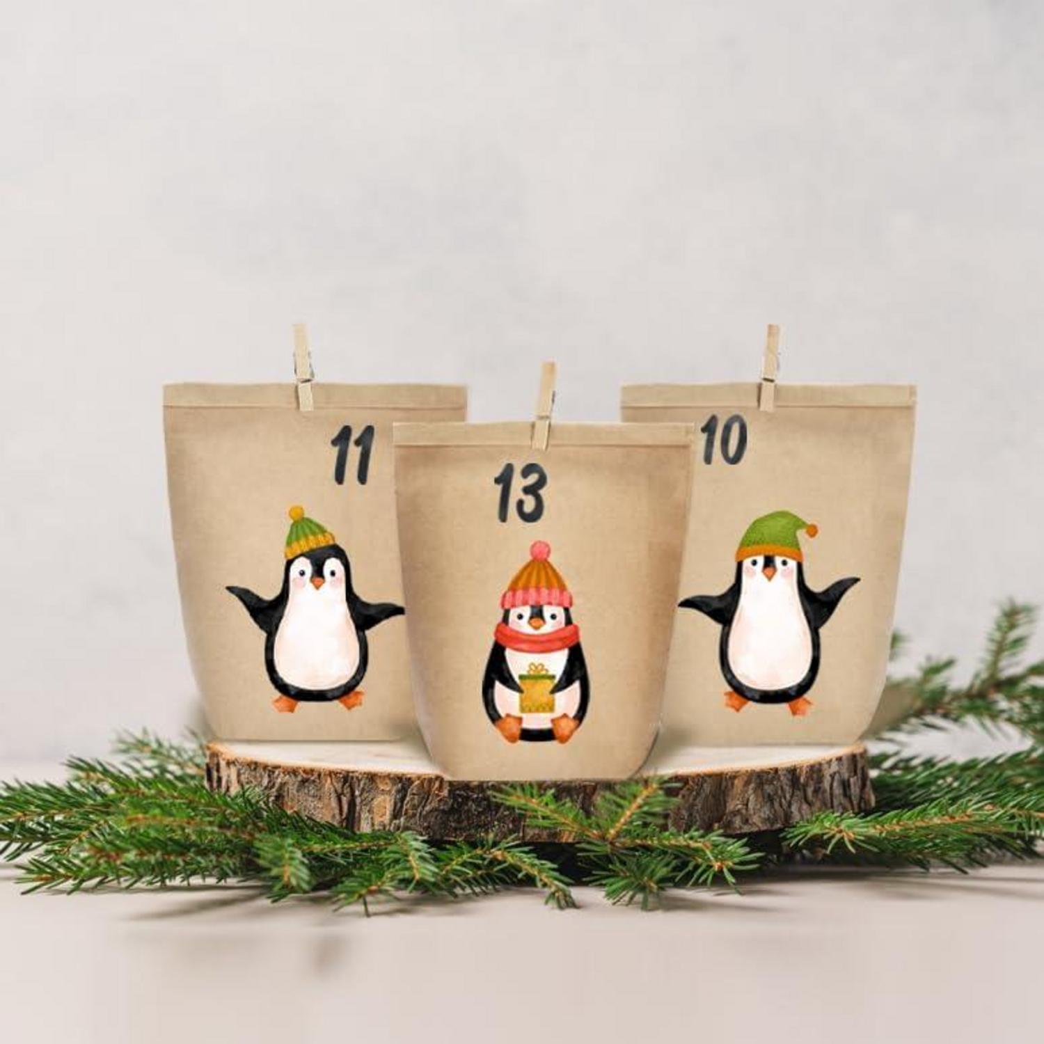 Adventskalender zum Basteln 24 Weihnachtstüten zum Selbstbefüllen Pinguin Bunt