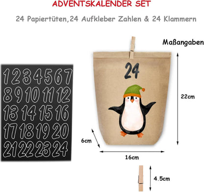 Adventskalender zum Selbstbefüllen 24 Kraftpapiertüten Pinguin Motive