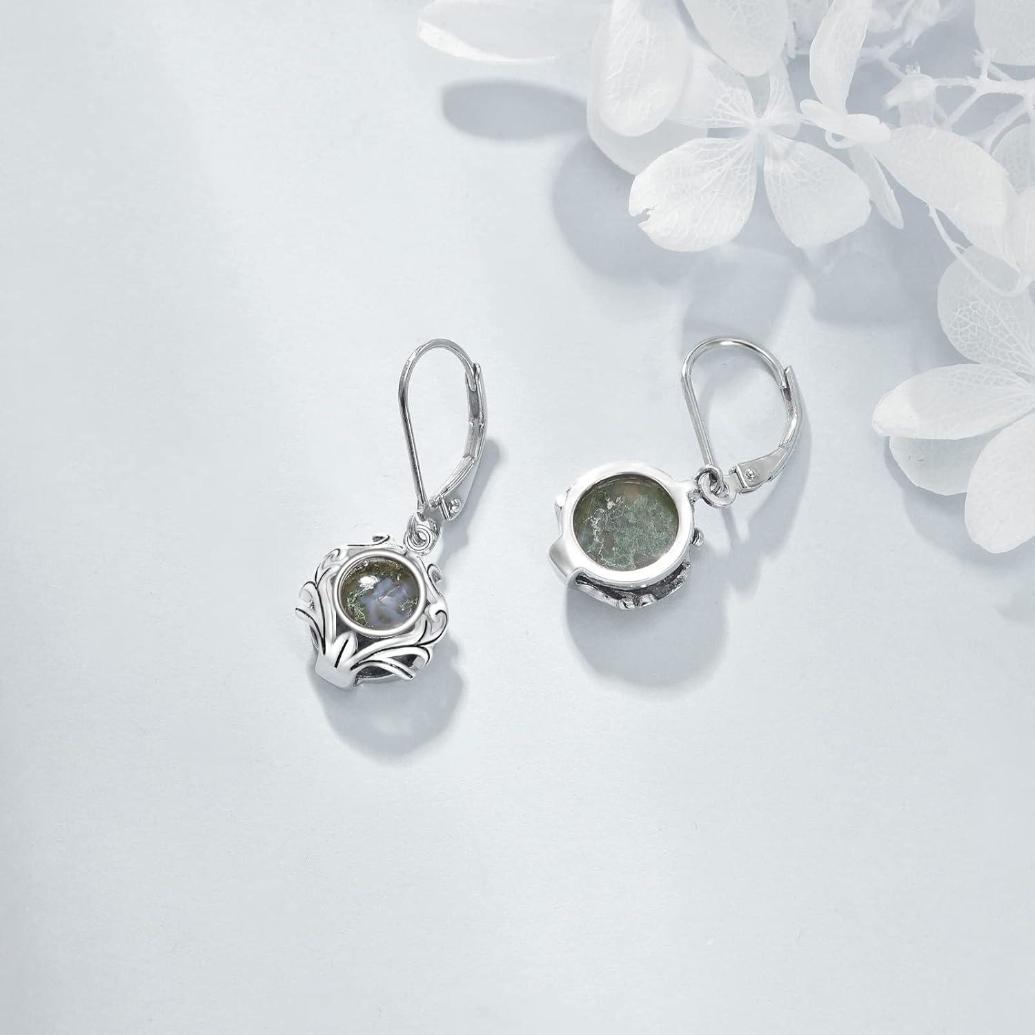 Moosachat Sterling Silber Leverback Ohrringe Filigran Elegantes Design