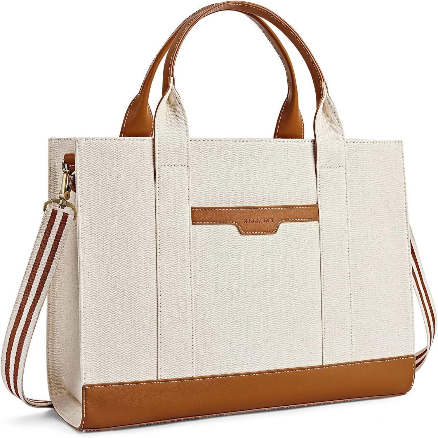 Aktentasche Damen Canvas-Laptoptasche 15,6 Zoll Schwarz Beige