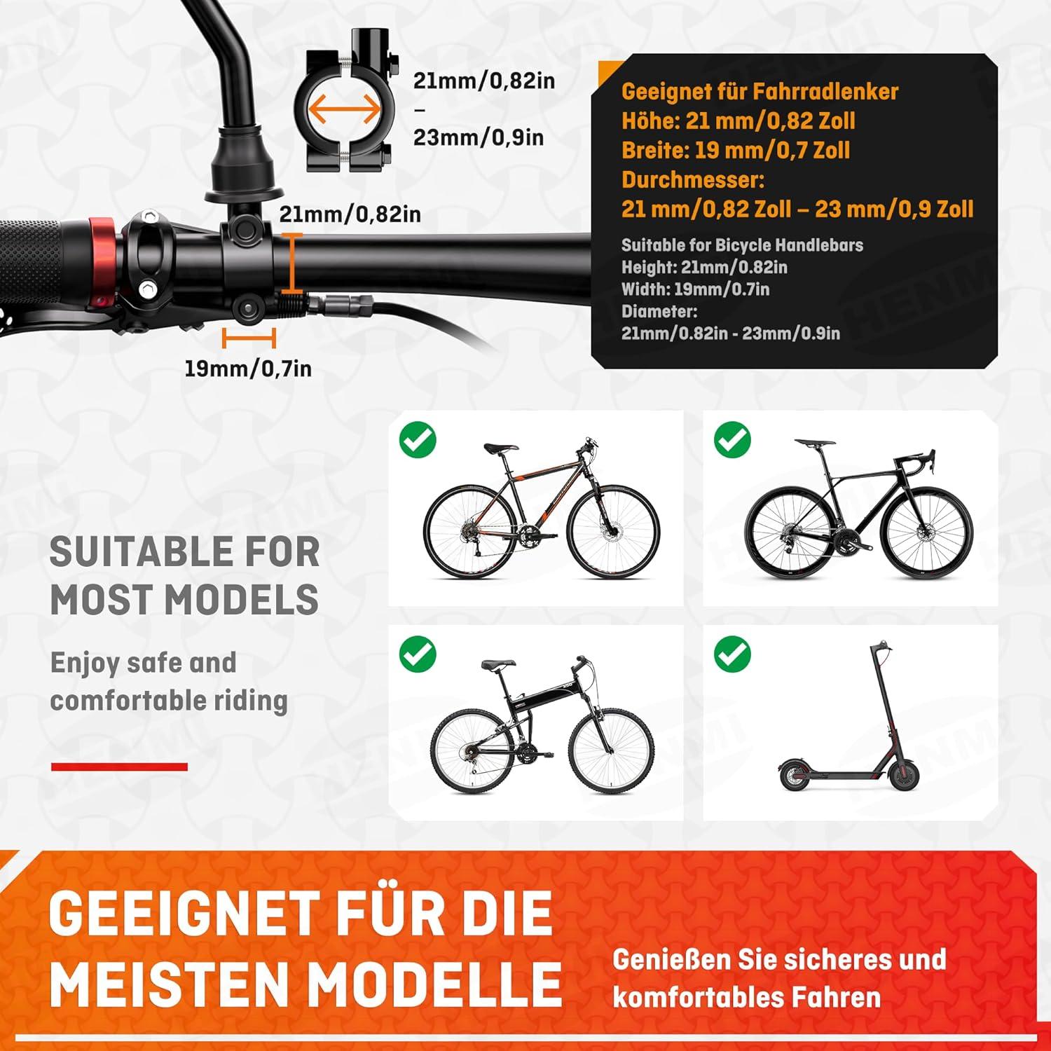 HENMI Fahrradspiegel E-Bike HD Konvexspiegel flexibel Rückspiegel Fahrrad Lenker