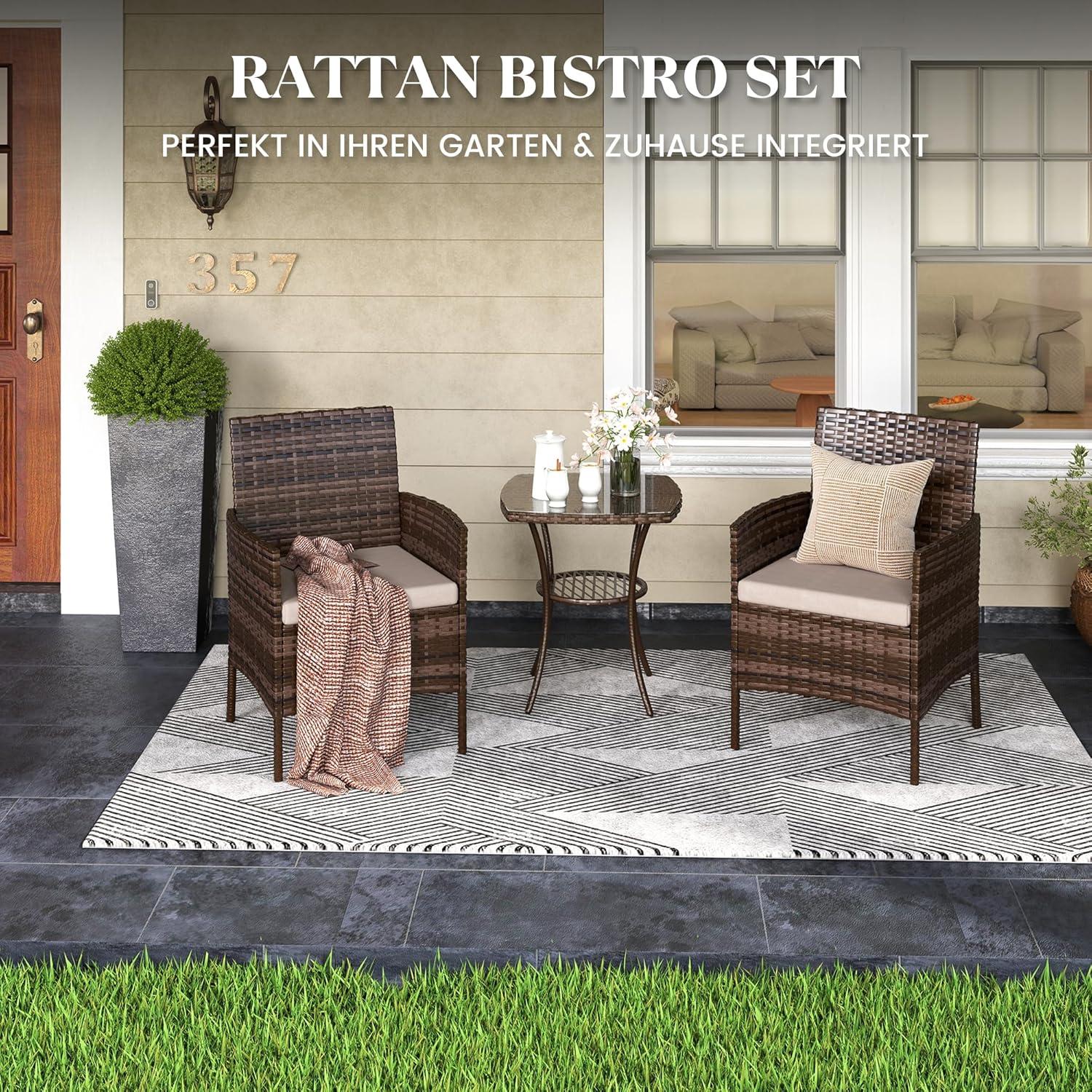 Rattan Gartenmöbel Set Balkonmöbel 3 teilig Wetterfest Braun