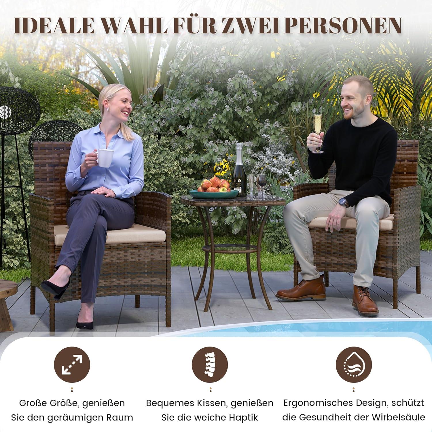Amopatio Rattan Gartenmöbel Set 3-teilig Braun UV-beständig & Wetterfest