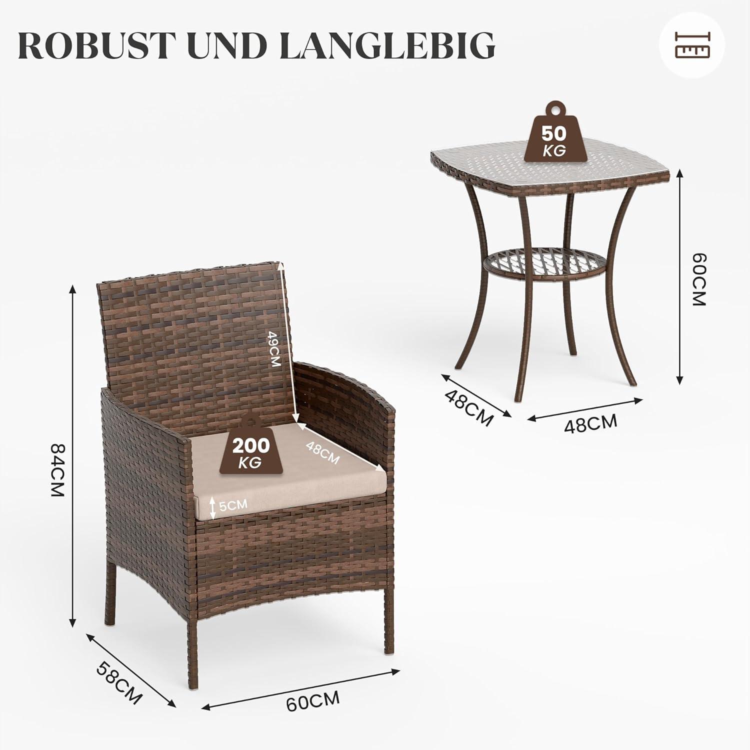 Amopatio 3tlg. Rattan Gartenmöbel Set für Terrasse Balkon - Braun