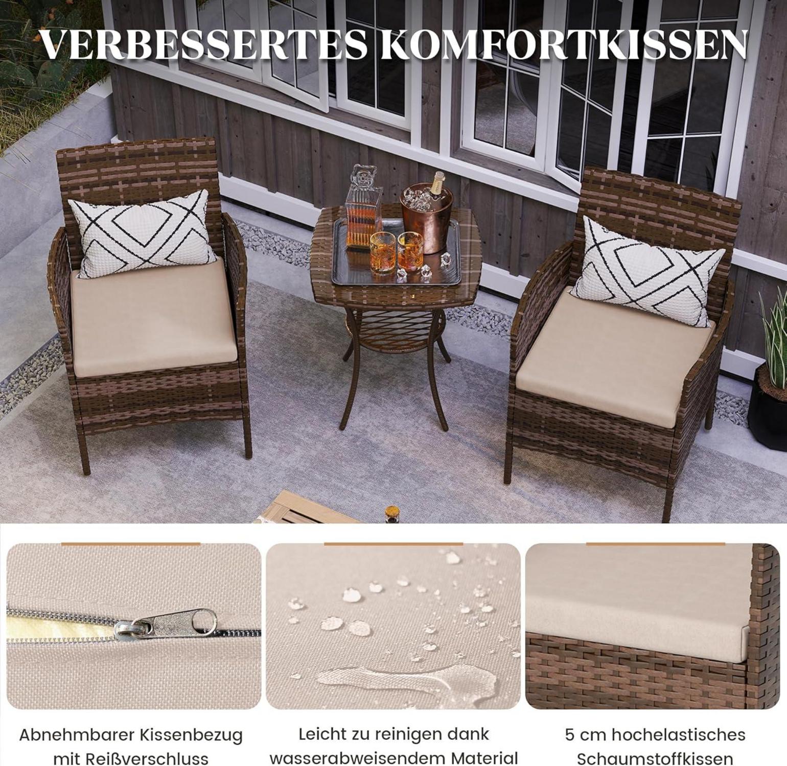Amopatio 3tlg. Rattan Gartenmöbel Set für Terrasse Balkon - Braun