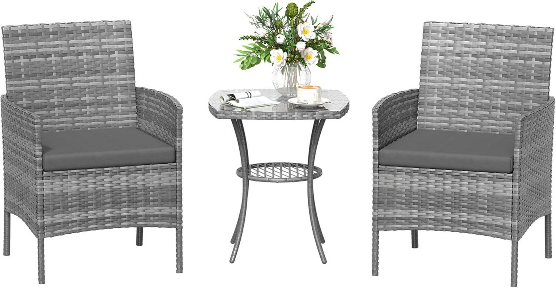 Rattan Gartenmöbel Set 3 teilig Wetterfest Grau