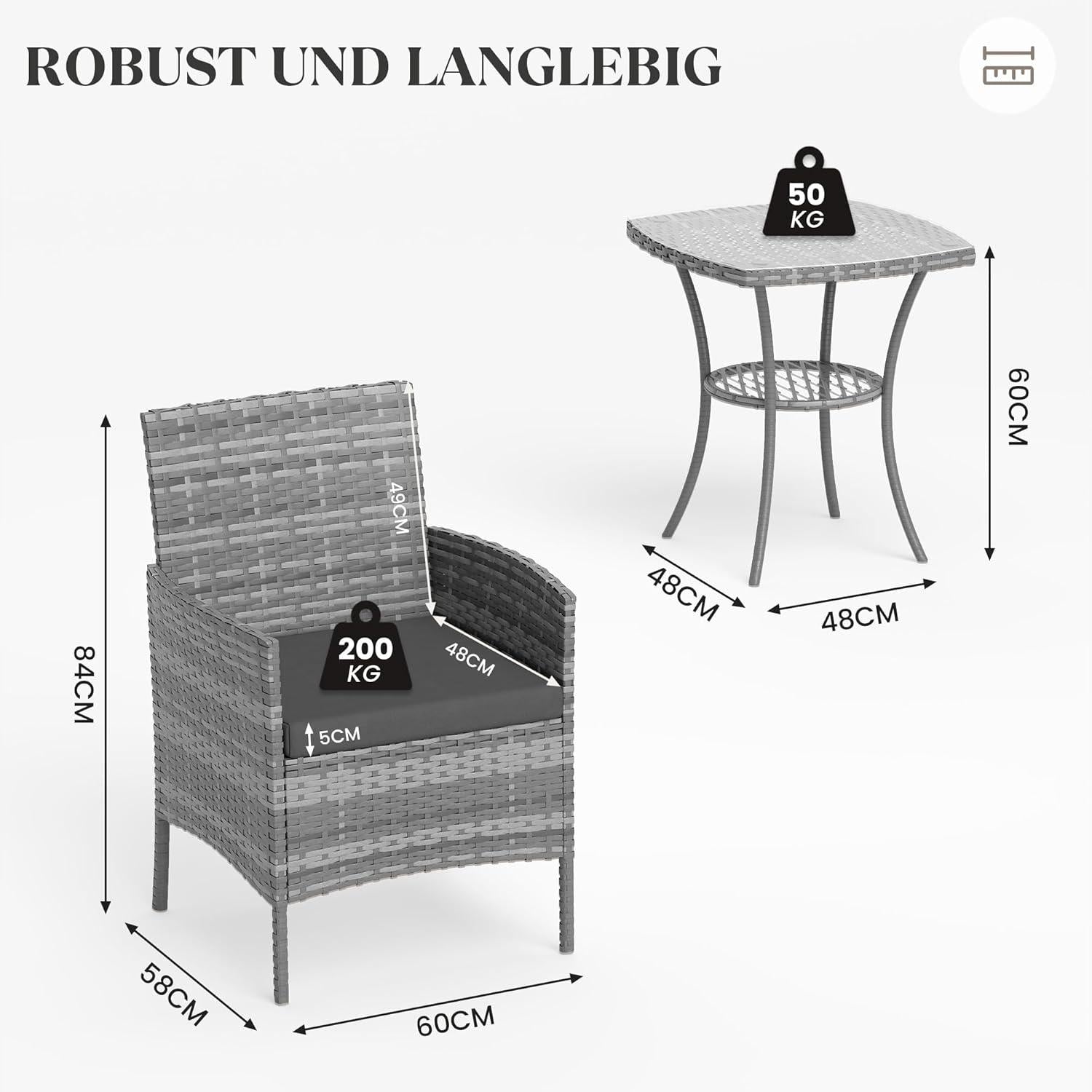 Rattan Gartenmöbel Set 3 teilig Grau Outdoor Wetterfest