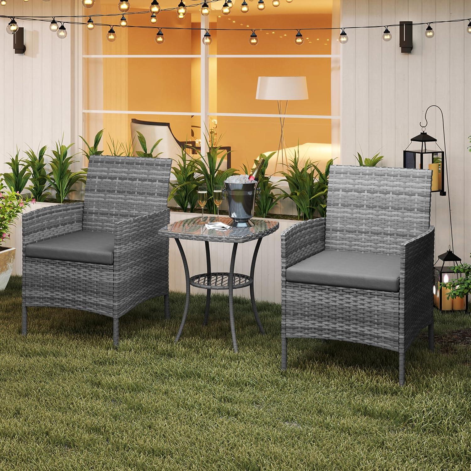 Rattan Gartenmöbel Set 3 teilig Wetterfest Grau Stühlen & Bistrotisch