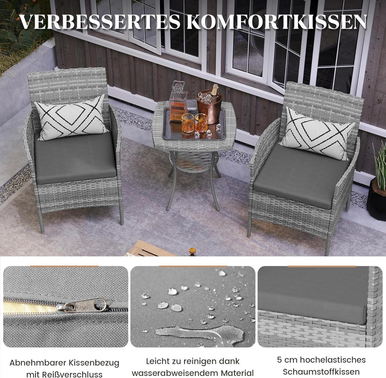 Rattan Gartenmöbel Set 3 teilig Grau Outdoor Wetterfest