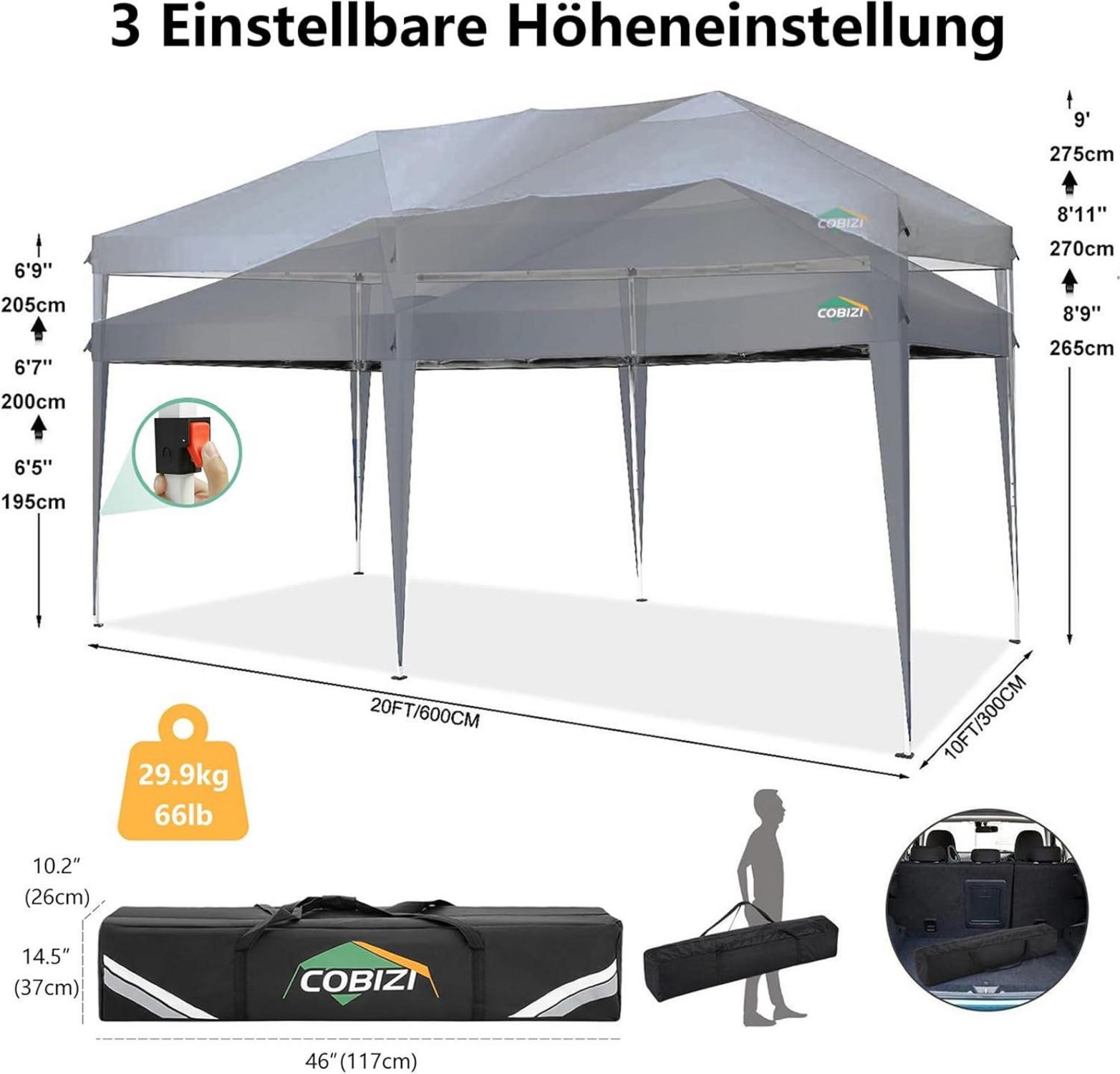 COBIZI Faltpavillon 3x6 Wasserdicht Winterfest Pop Up Pavillon Grau