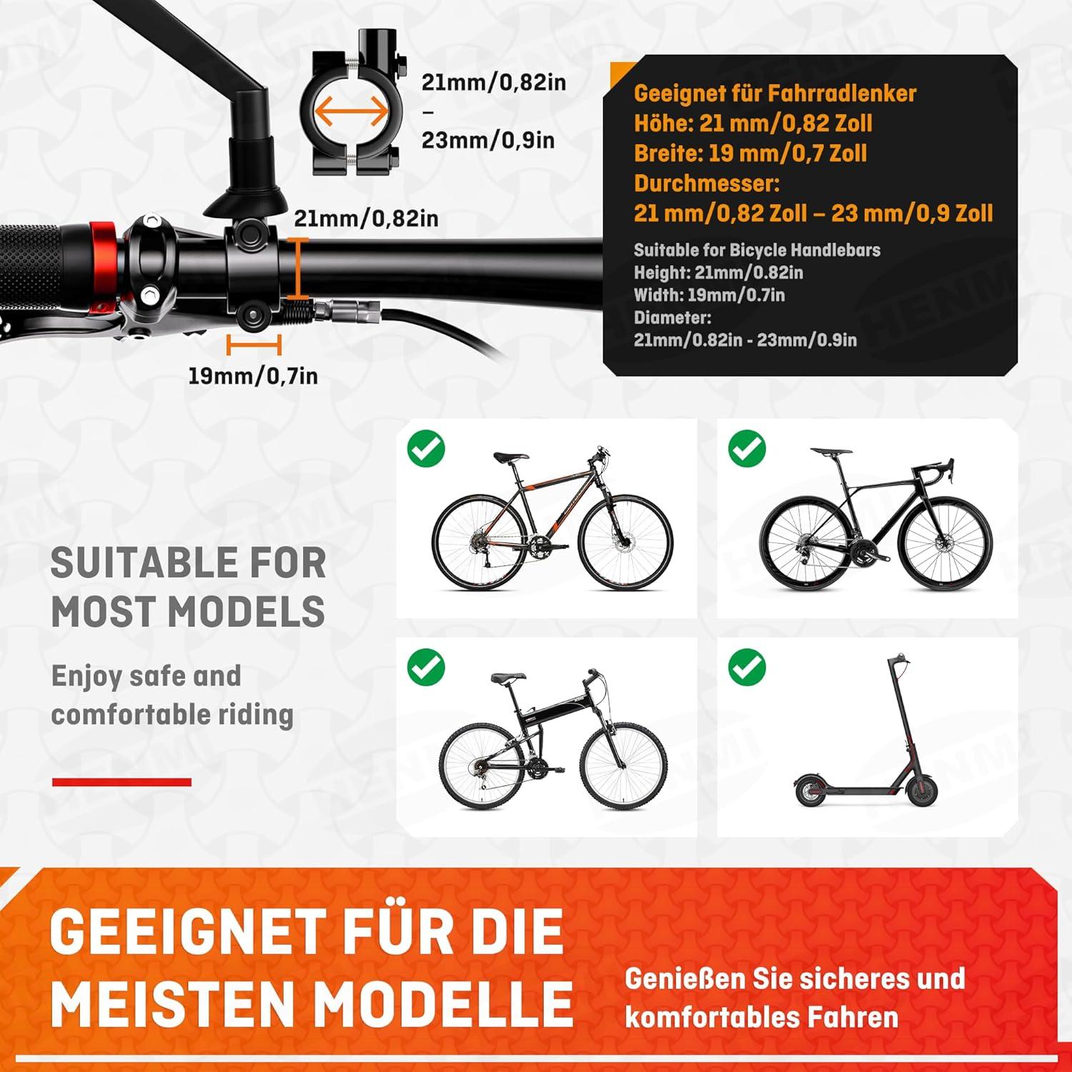 Fahrradspiegel HD Konvexspiegel für E-Bike und Fahrrad, Extra Große Spiegelfläche, Schlagfestes Echtglas, Spiegel für Lenker