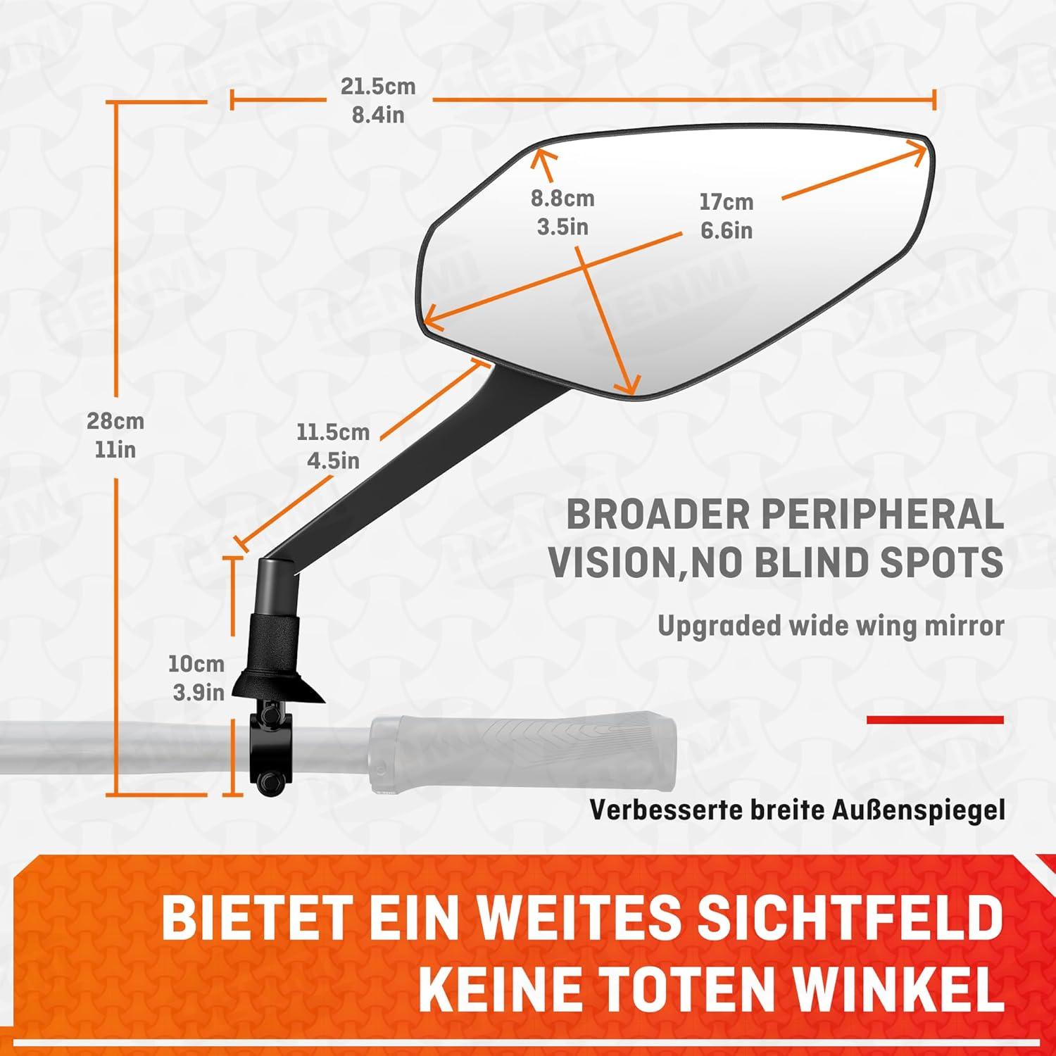 HENMI Fahrradspiegel E-Bike Rechts HD Konvexspiegel groß Rückspiegel