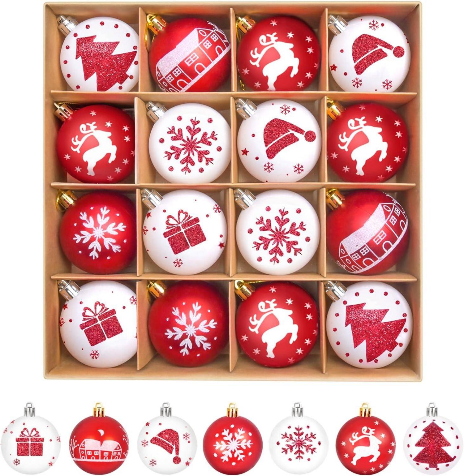 16-teiliges Weihnachtskugel Set Kunststoff Rot Weiß 6CM